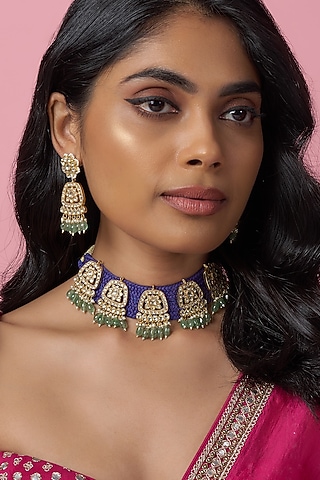 Gold Finish Kundan Polki & Jadtar Choker Necklace Set by Bombay Polki