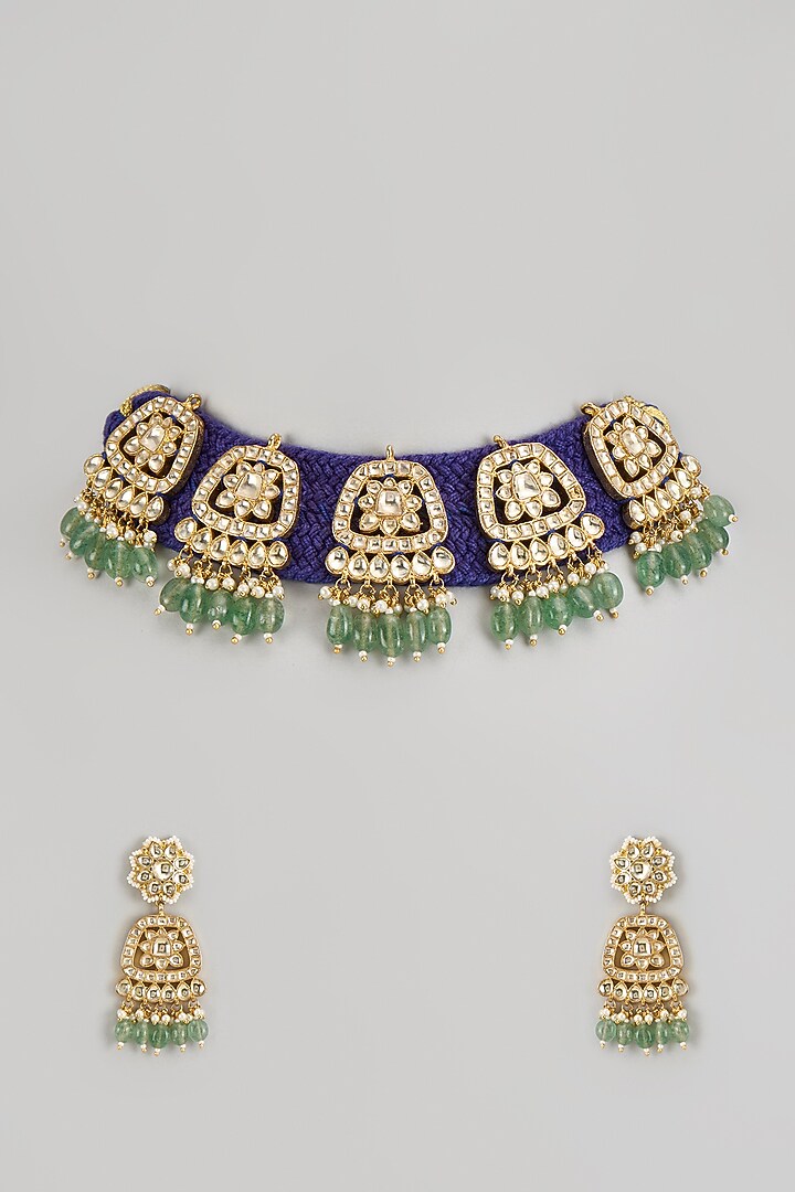 Gold Finish Kundan Polki & Jadtar Choker Necklace Set by Bombay Polki at Pernia's Pop Up Shop
