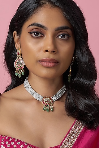 Gold Finish Kundan Polki & Jadtar Choker Necklace Set by Bombay Polki