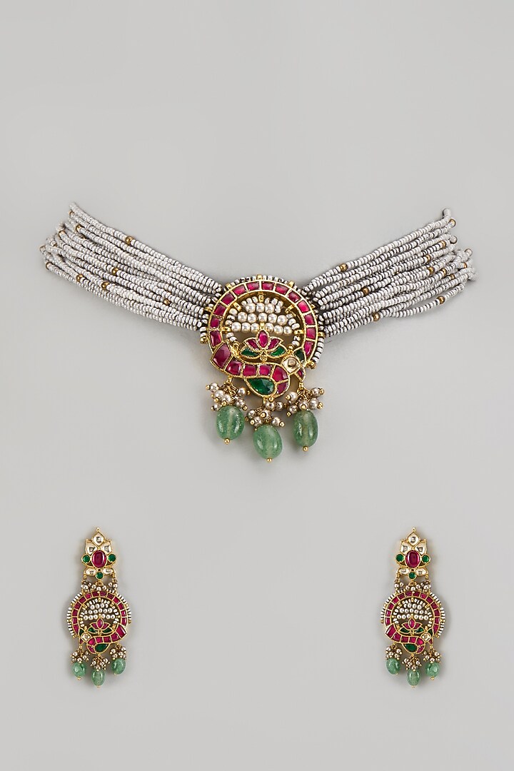 Gold Finish Kundan Polki & Jadtar Choker Necklace Set by Bombay Polki at Pernia's Pop Up Shop