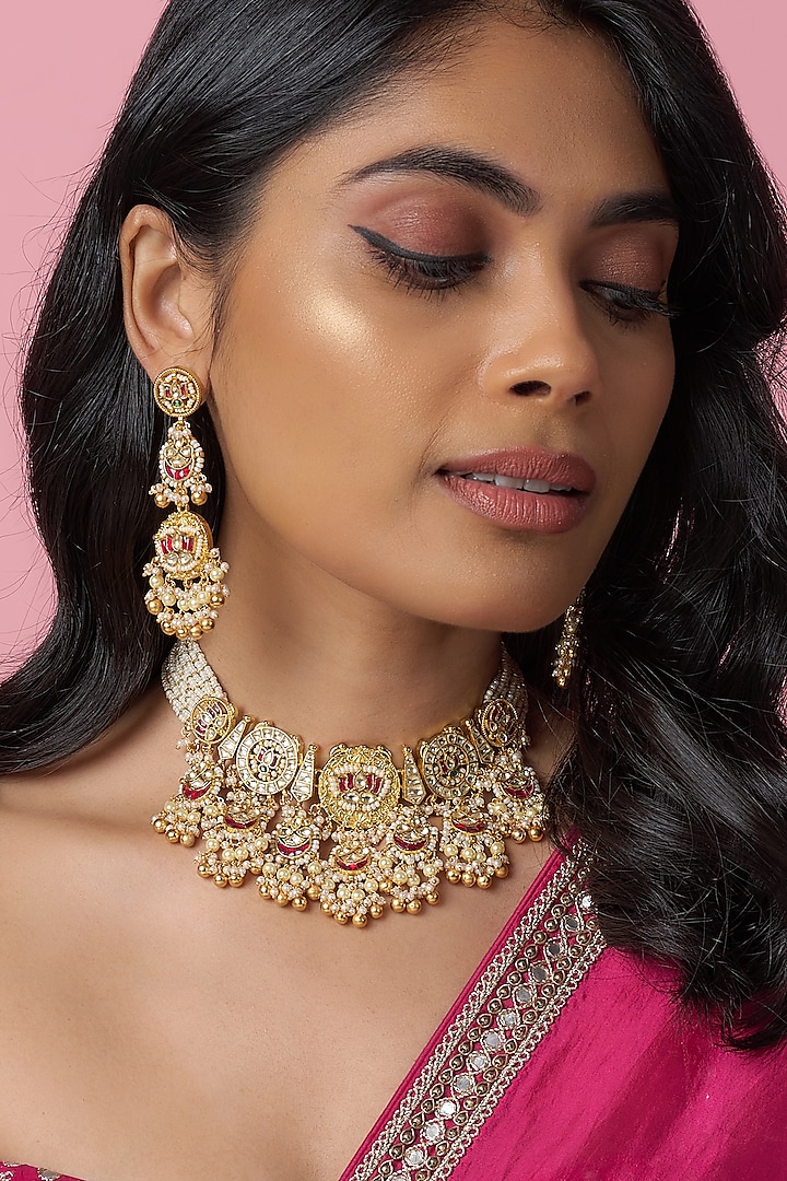 Gold Finish Kundan Polki & Jadtar Choker Necklace Set by Bombay Polki
