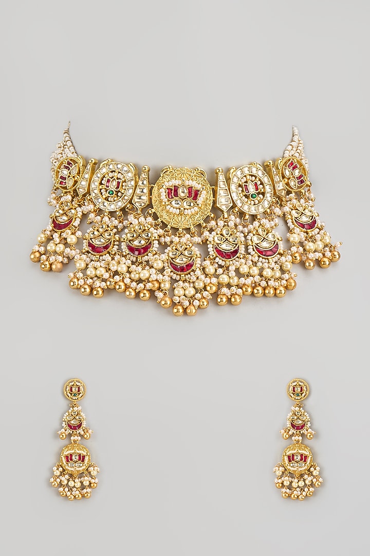 Gold Finish Kundan Polki & Jadtar Choker Necklace Set by Bombay Polki at Pernia's Pop Up Shop