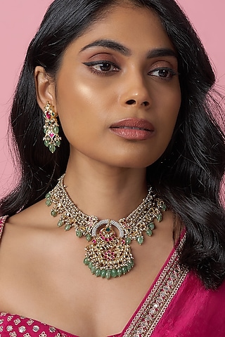 Gold Finish Kundan Polki & Jadtar Choker Necklace Set by Bombay Polki