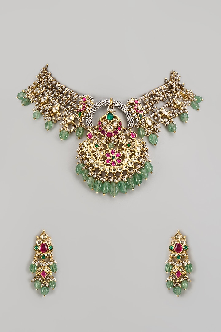 Gold Finish Kundan Polki & Jadtar Choker Necklace Set by Bombay Polki at Pernia's Pop Up Shop