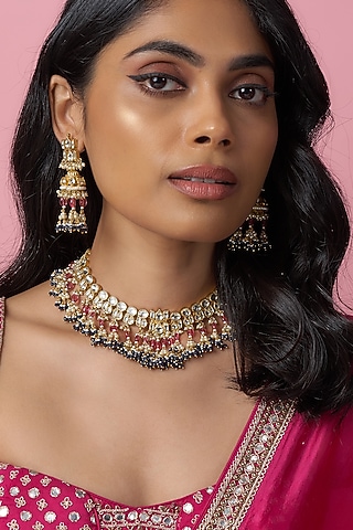Gold Finish Kundan Polki & Amethyst Beaded Choker Necklace Set by Bombay Polki