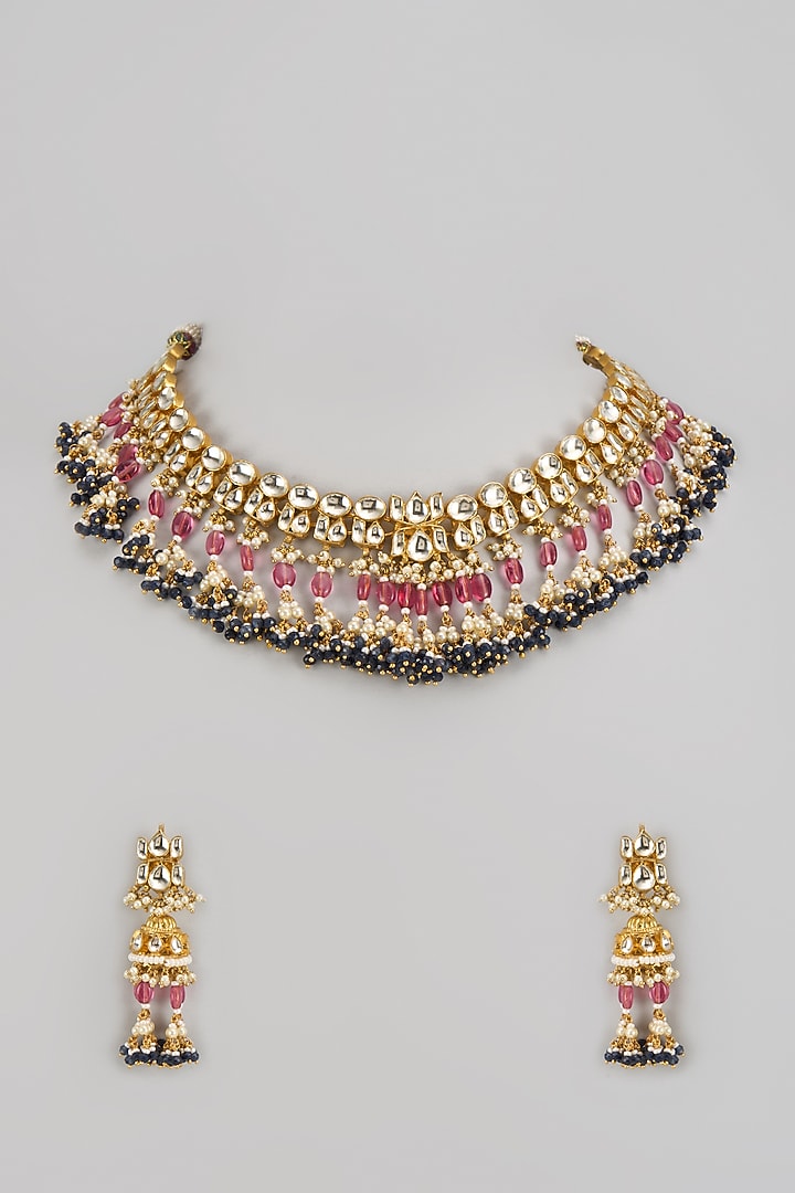 Gold Finish Kundan Polki & Amethyst Beaded Choker Necklace Set by Bombay Polki at Pernia's Pop Up Shop