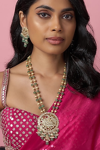 Gold Finish Kundan Polki & Jadtar Long Necklace Set by Bombay Polki