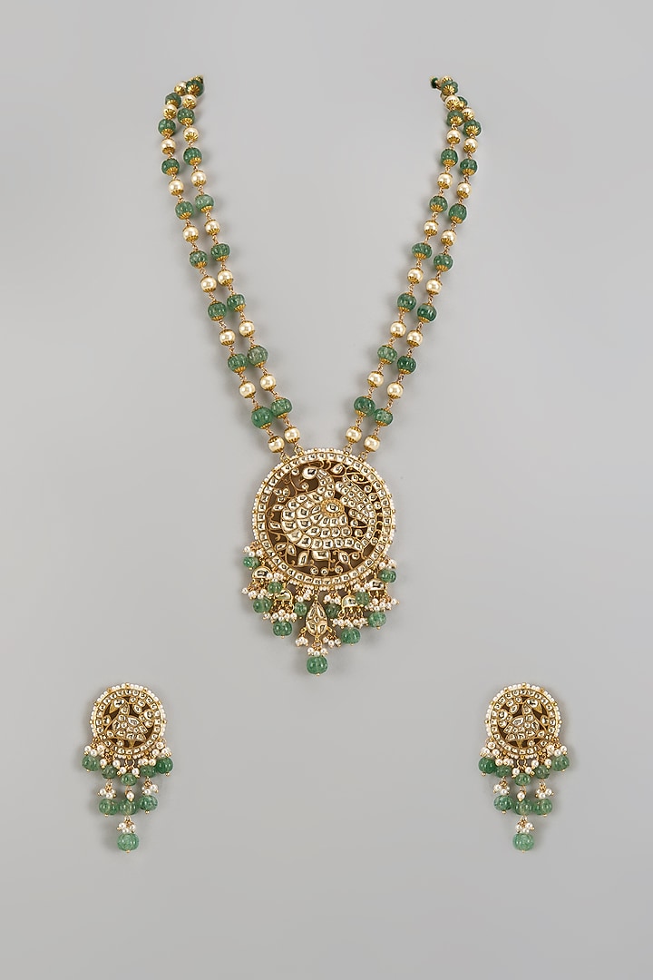 Gold Finish Kundan Polki & Jadtar Long Necklace Set by Bombay Polki at Pernia's Pop Up Shop
