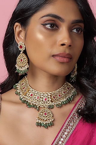 Gold Finish Kundan Polki & Jadtar Choker Necklace Set by Bombay Polki