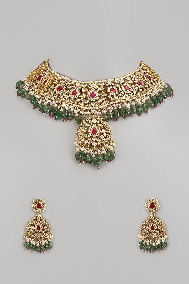Gold Finish Kundan Polki & Jadtar Choker Necklace Set by Bombay Polki at Pernia's Pop Up Shop