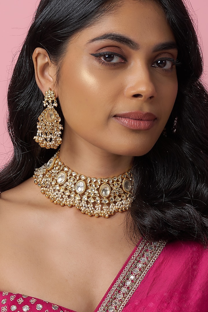 Gold Finish Kundan Polki & Jadtar Choker Necklace Set by Bombay Polki