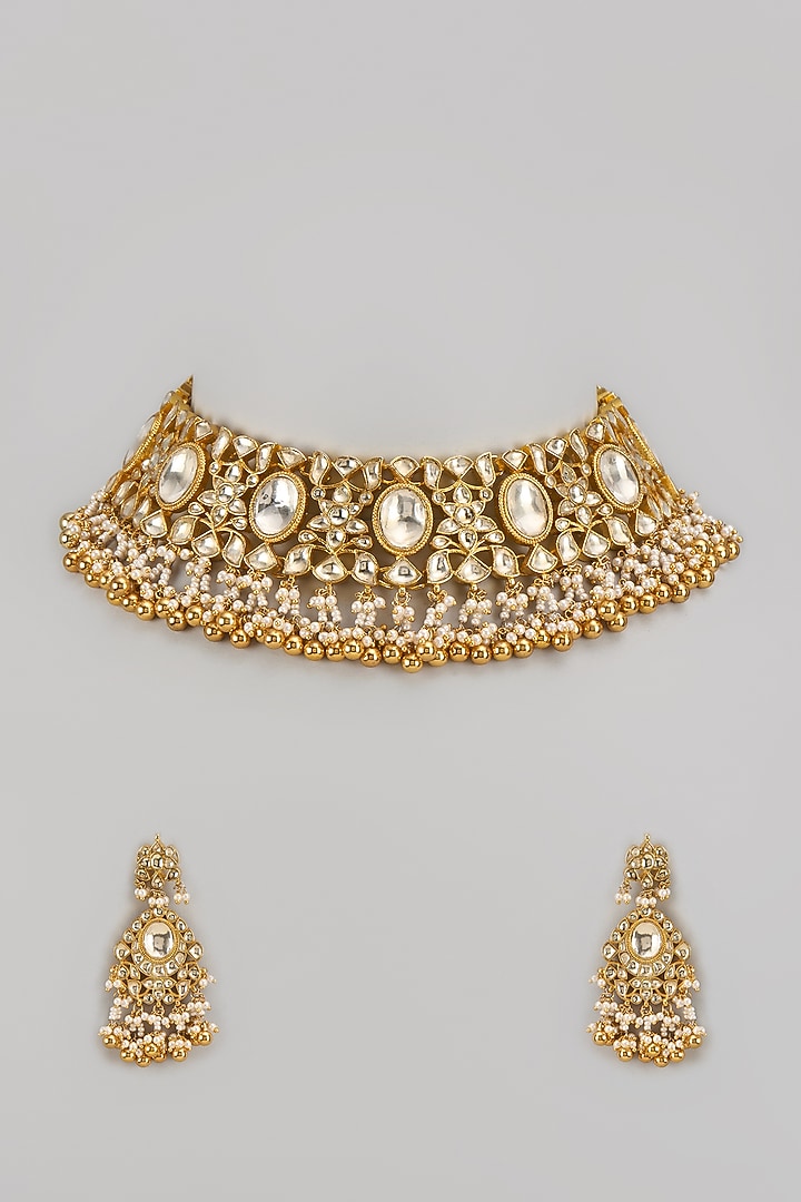 Gold Finish Kundan Polki & Jadtar Choker Necklace Set by Bombay Polki at Pernia's Pop Up Shop