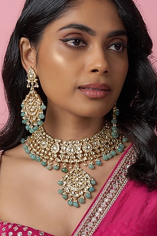 Gold Finish Kundan Polki & Jadtar Choker Necklace Set by Bombay Polki