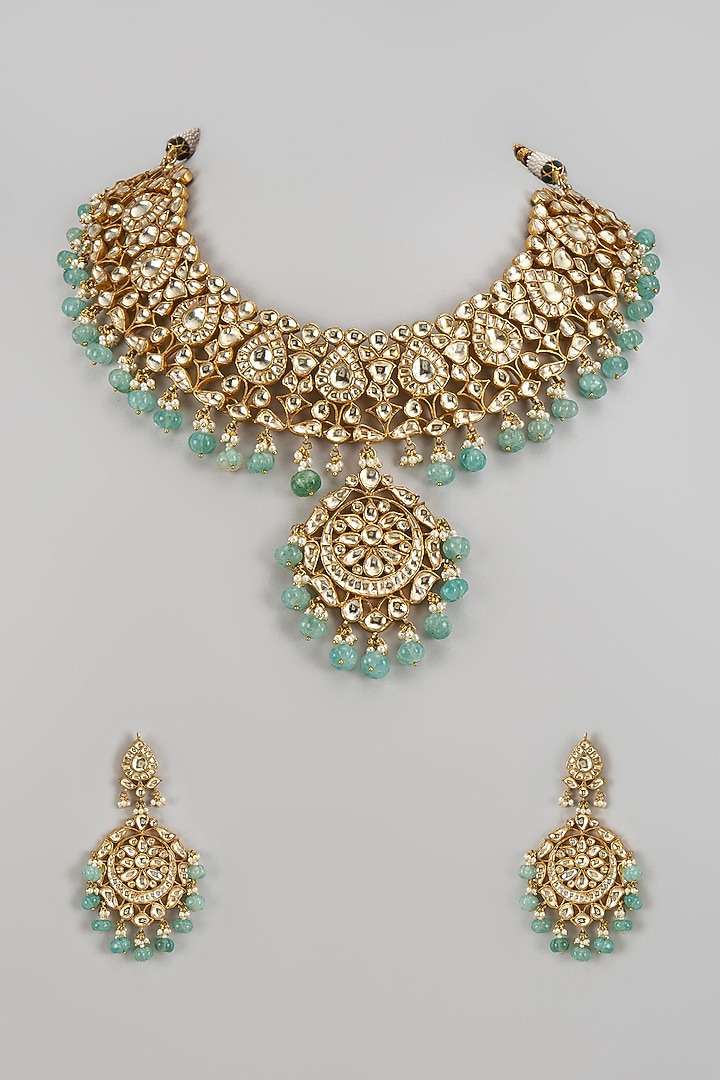 Gold Finish Kundan Polki & Jadtar Choker Necklace Set by Bombay Polki at Pernia's Pop Up Shop