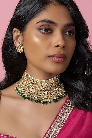 Gold Finish Kundan Polki & Jadtar Choker Necklace Set by Bombay Polki