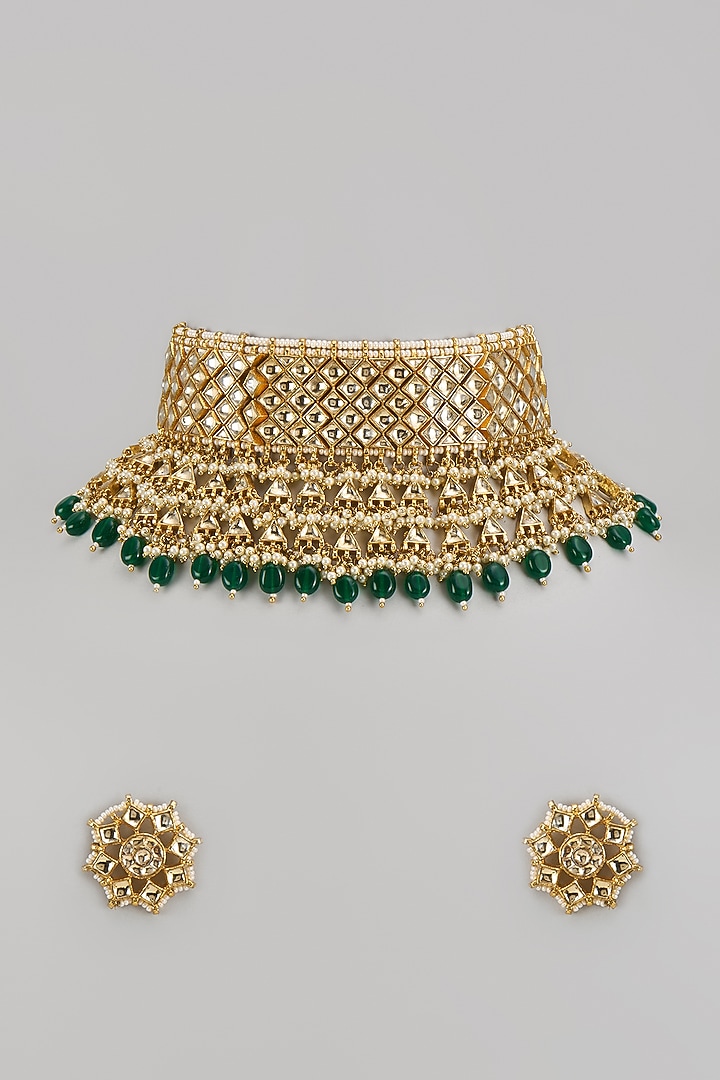 Gold Finish Kundan Polki & Jadtar Choker Necklace Set by Bombay Polki at Pernia's Pop Up Shop