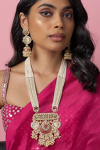 Gold Finish Kundan Polki & Jadtar Long Necklace Set by Bombay Polki