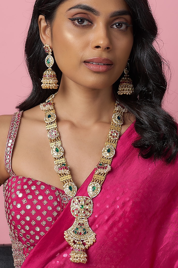 Gold Finish Kundan Polki & Jadtar Long Necklace Set by Bombay Polki