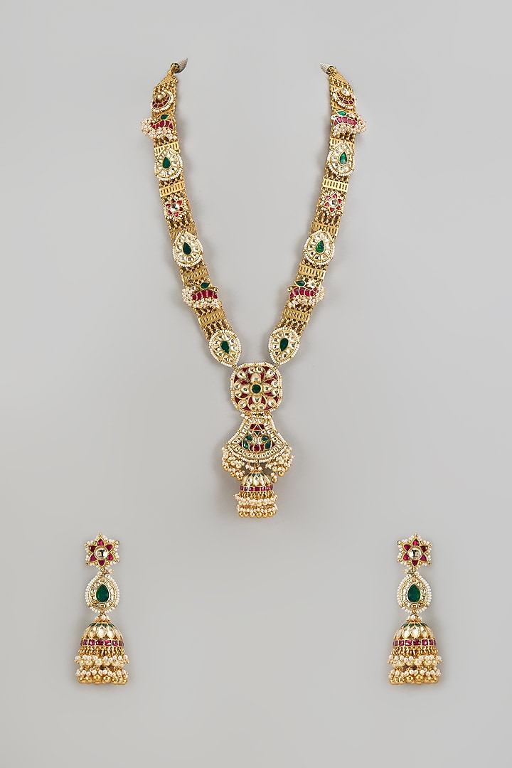 Gold Finish Kundan Polki & Jadtar Long Necklace Set by Bombay Polki at Pernia's Pop Up Shop