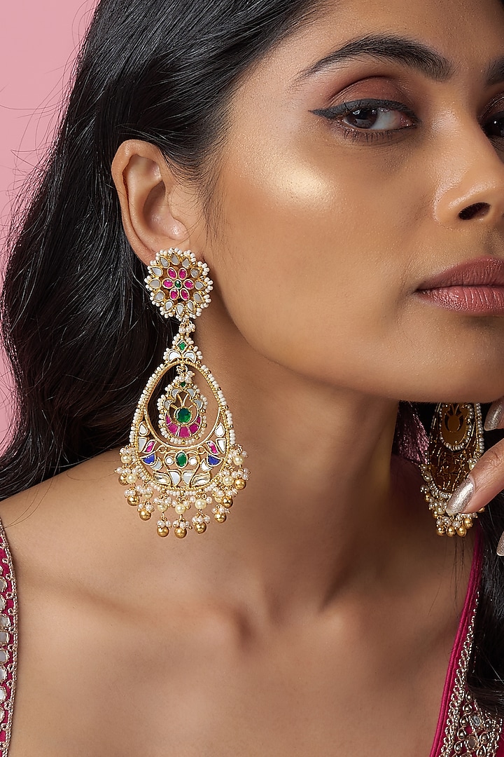 Gold Finish Kundan Polki & Pearl Chandbaali Earrings by Bombay Polki
