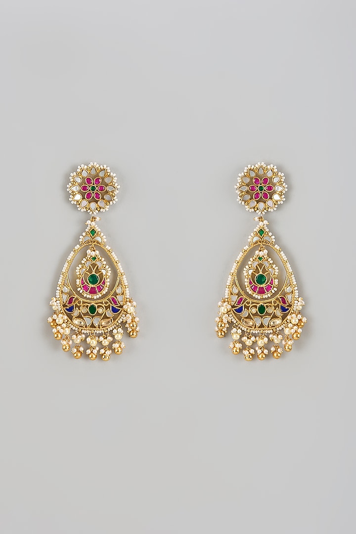 Gold Finish Kundan Polki & Pearl Chandbaali Earrings by Bombay Polki at Pernia's Pop Up Shop