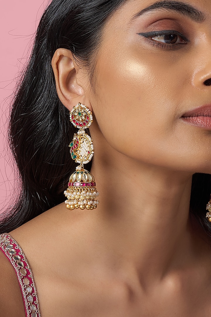 Gold Finish Kundan Polki & Pearl Dangler Earrings by Bombay Polki