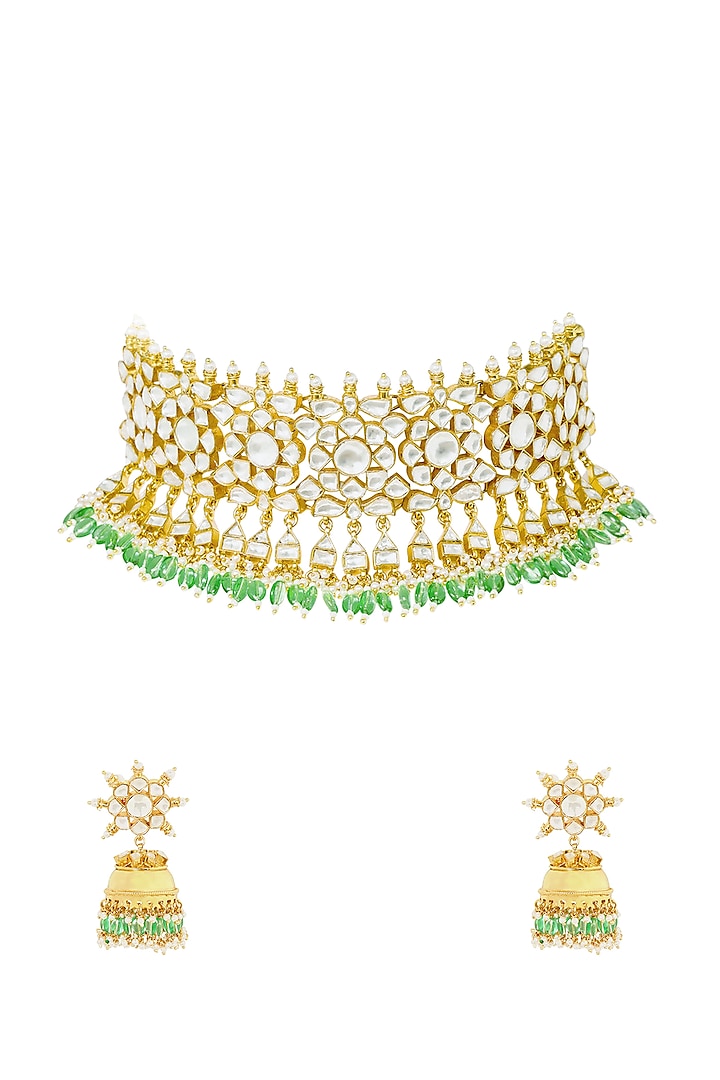 Gold Plated Necklace Set In Mixed Metal by Bombay Polki