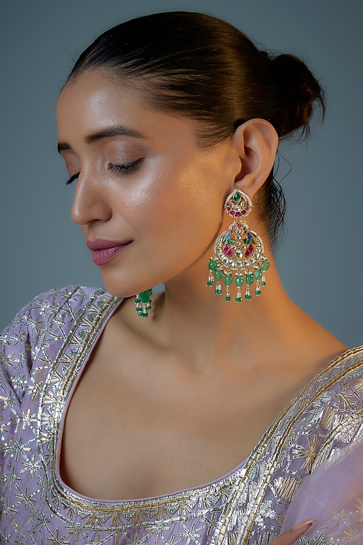 Gold Plated Kundan Polki & Natural Pearl Chandbaali Earrings by Bombay Polki at Pernia's Pop Up Shop