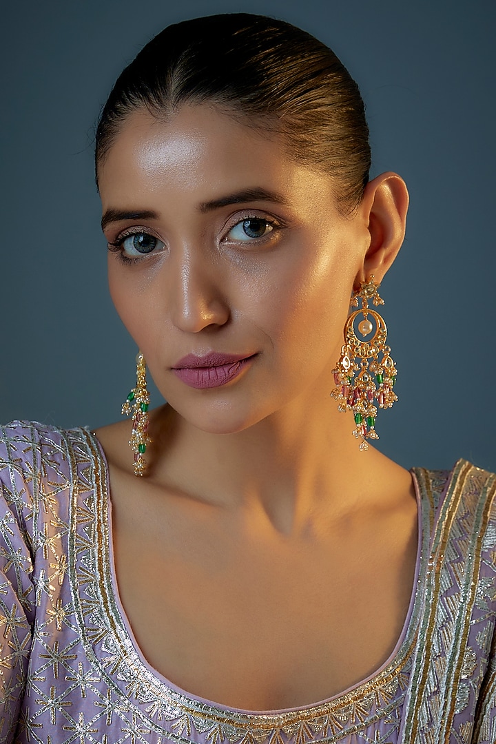 Gold Plated Kundan Polki & Natural Pearl Chandbaali Earrings by Bombay Polki at Pernia's Pop Up Shop