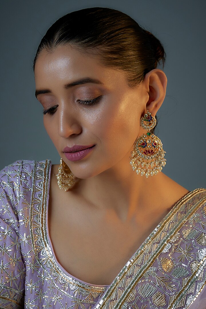 Gold Plated Kundan Polki & Natural Pearl Chandbaali Earrings by Bombay Polki at Pernia's Pop Up Shop