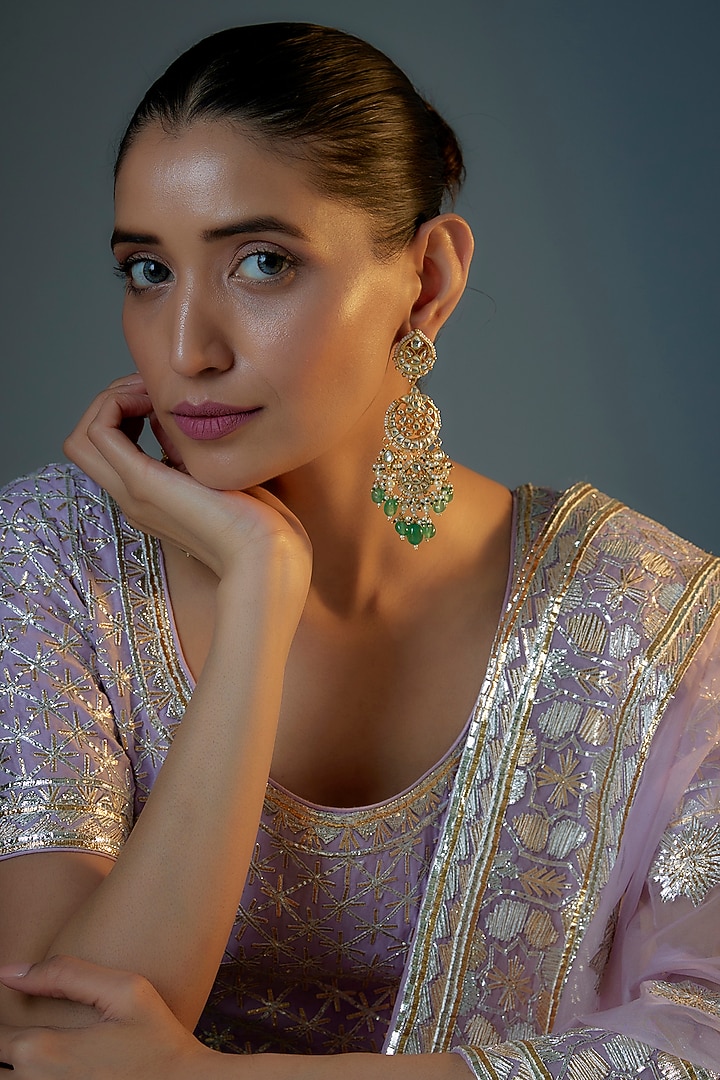 Gold Plated Kundan Polki & Natural Pearl Chandbaali Earrings by Bombay Polki at Pernia's Pop Up Shop