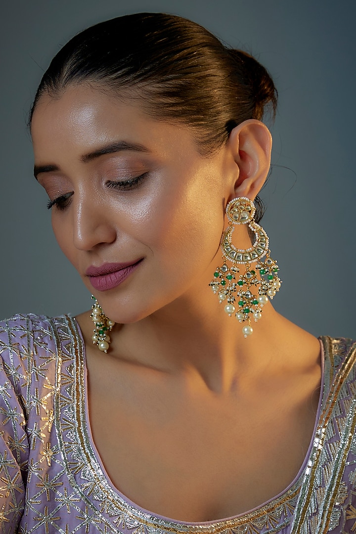 Gold Plated Kundan Polki & Natural Pearl Chandbaali Earrings by Bombay Polki at Pernia's Pop Up Shop