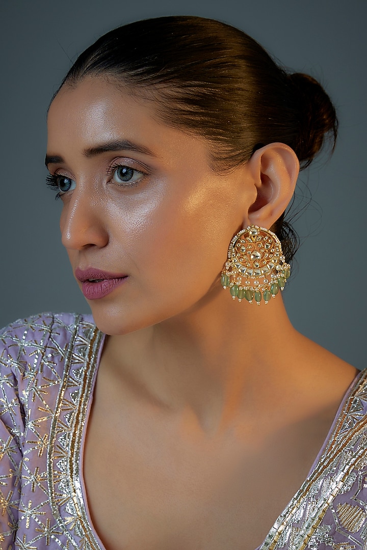 Gold Plated Kundan Polki & Natural Pearl Chandbaali Earrings by Bombay Polki at Pernia's Pop Up Shop