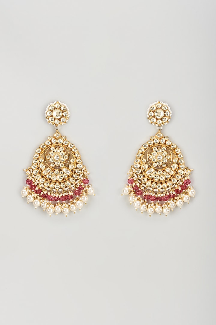 Gold Plated Kundan Polki & Natural Pearl Chandbaali Earrings by Bombay Polki at Pernia's Pop Up Shop