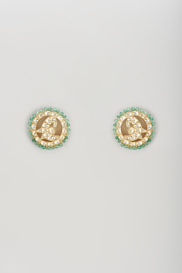 Gold Plated Kundan Polki & Pastel Green Beaded Stud Earrings by Bombay Polki at Pernia's Pop Up Shop