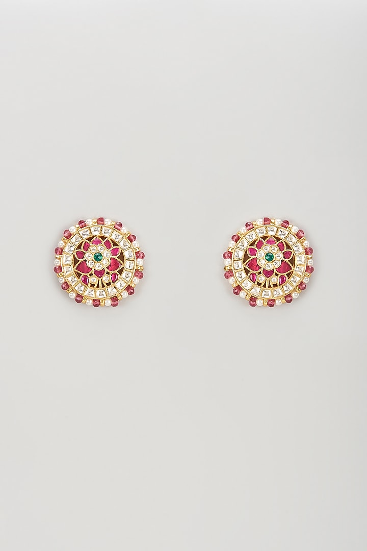 Gold Plated Kundan Polki & Ruby Beaded Stud Earrings by Bombay Polki at Pernia's Pop Up Shop