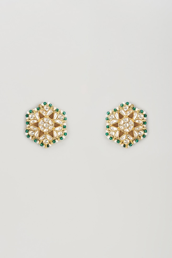 Gold Plated Kundan Polki & Green Beaded Stud Earrings by Bombay Polki at Pernia's Pop Up Shop