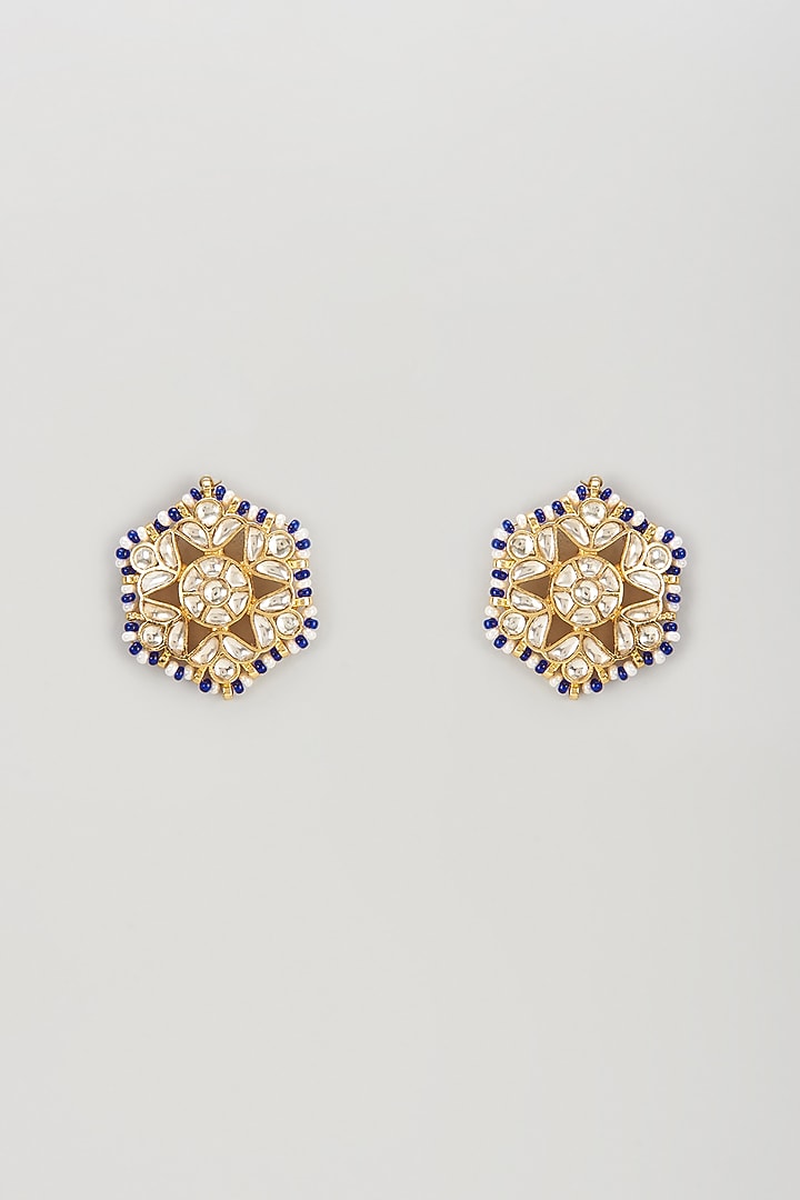 Gold Plated Kundan Polki & Sapphire Beaded Stud Earrings by Bombay Polki at Pernia's Pop Up Shop