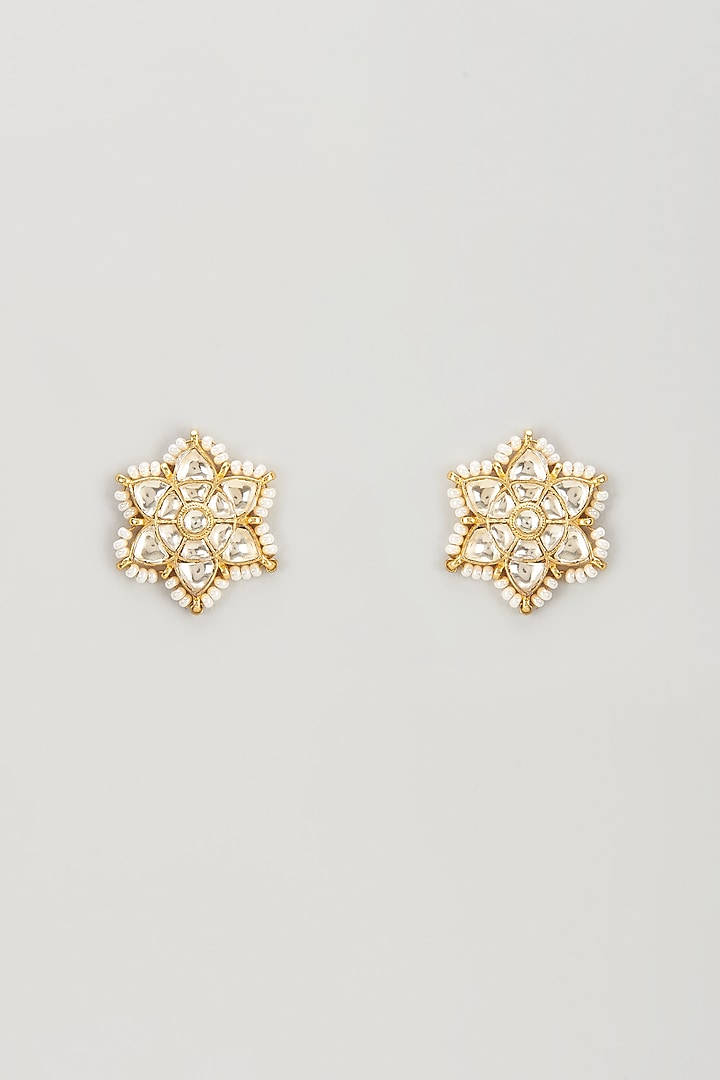 Gold Plated Kundan Polki & Pearl Stud Earrings by Bombay Polki at Pernia's Pop Up Shop