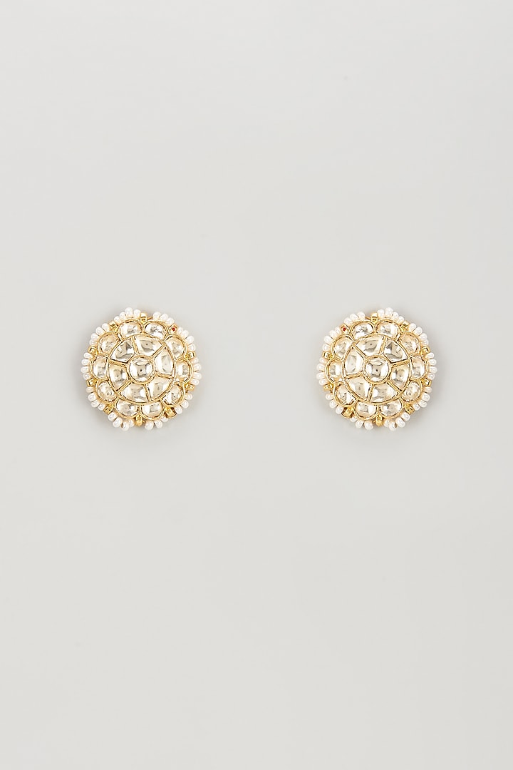 Gold Plated Kundan Polki & Pearl Stud Earrings by Bombay Polki at Pernia's Pop Up Shop