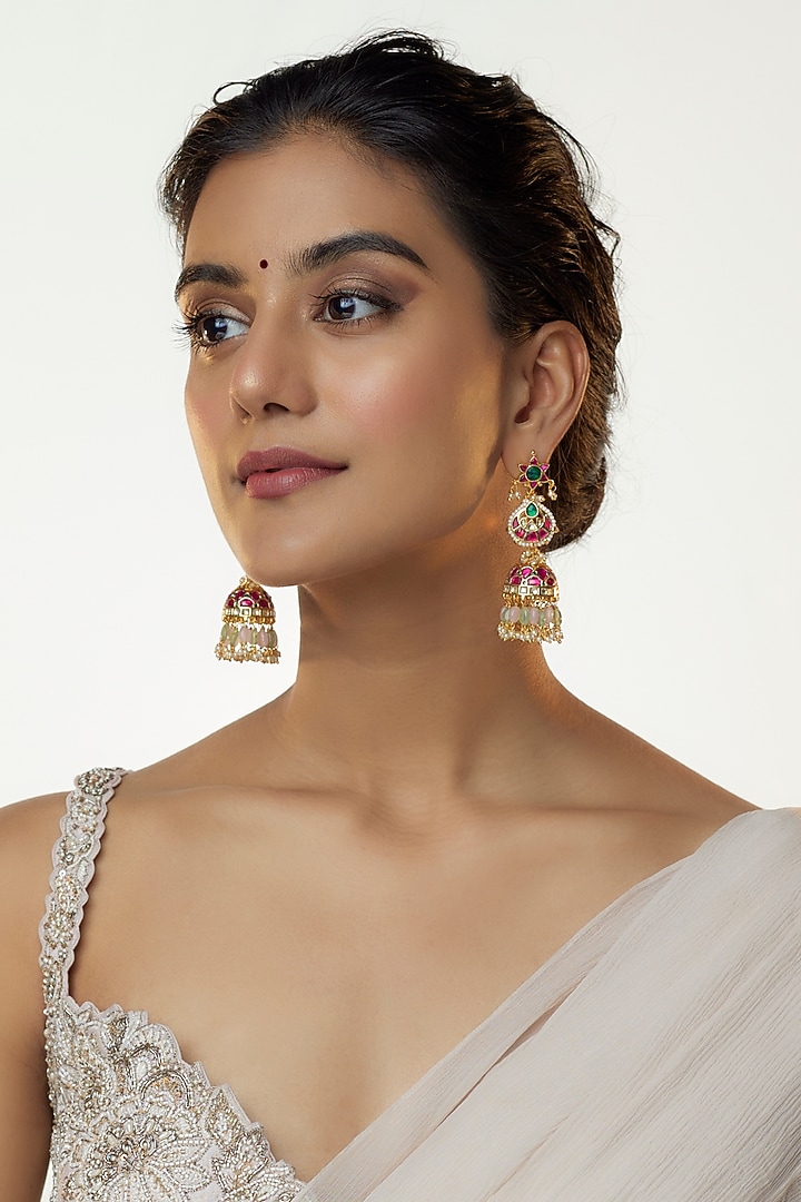 Gold Plated Kundan Polki & Multi-colored Jadtar Stone Jhumka Earrings by Bombay Polki at Pernia's Pop Up Shop