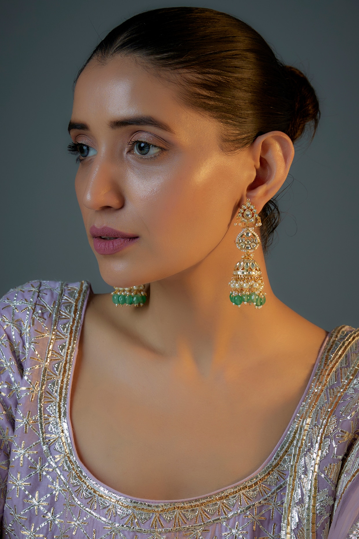 Green Meenawork Earrings With White Pearl And Pastel Pink Beads - RIANA  JEWELLERY - 4120734