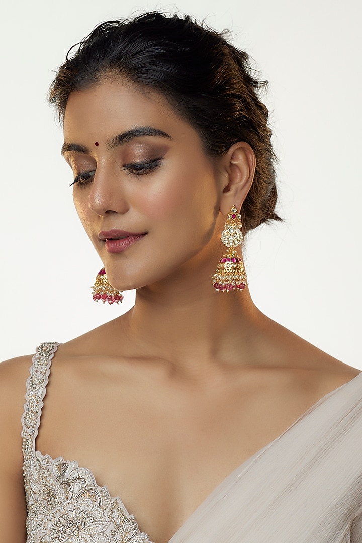 Gold Plated Jadtar & Ruby Stone Jhumka Earrings by Bombay Polki at Pernia's Pop Up Shop