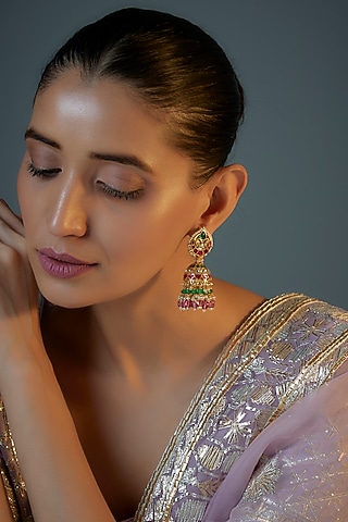 Gold Plated Jadtar Stone & Tourmaline Beaded Jhumka Earrings by Bombay Polki