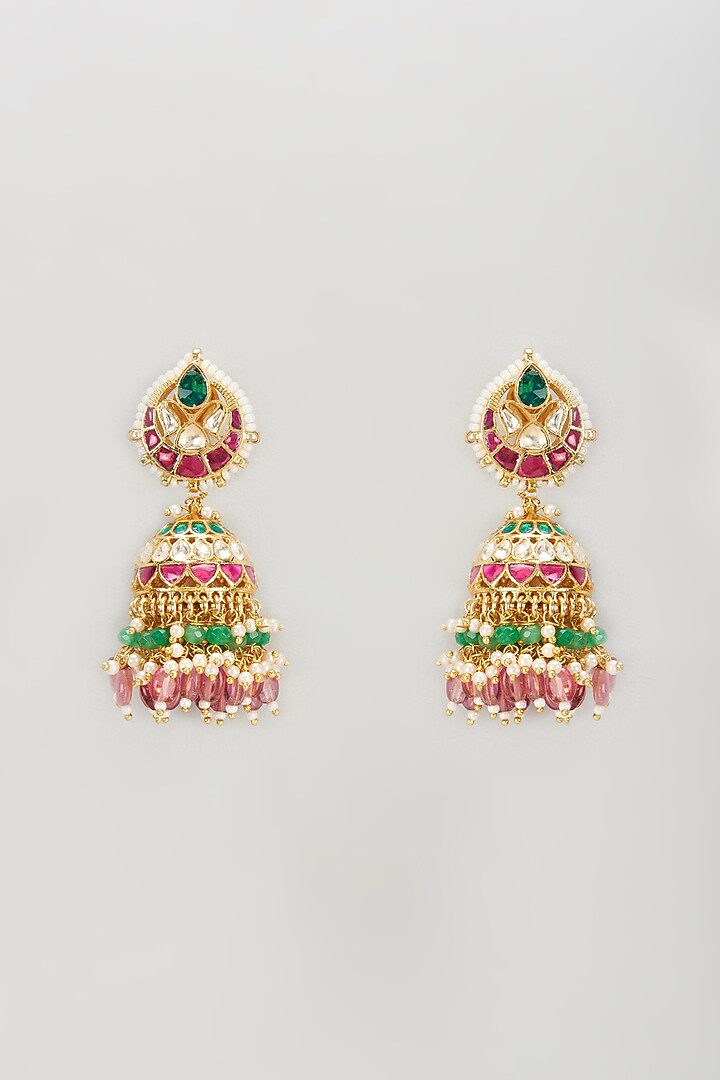 Gold Plated Jadtar Stone & Tourmaline Beaded Jhumka Earrings by Bombay Polki at Pernia's Pop Up Shop