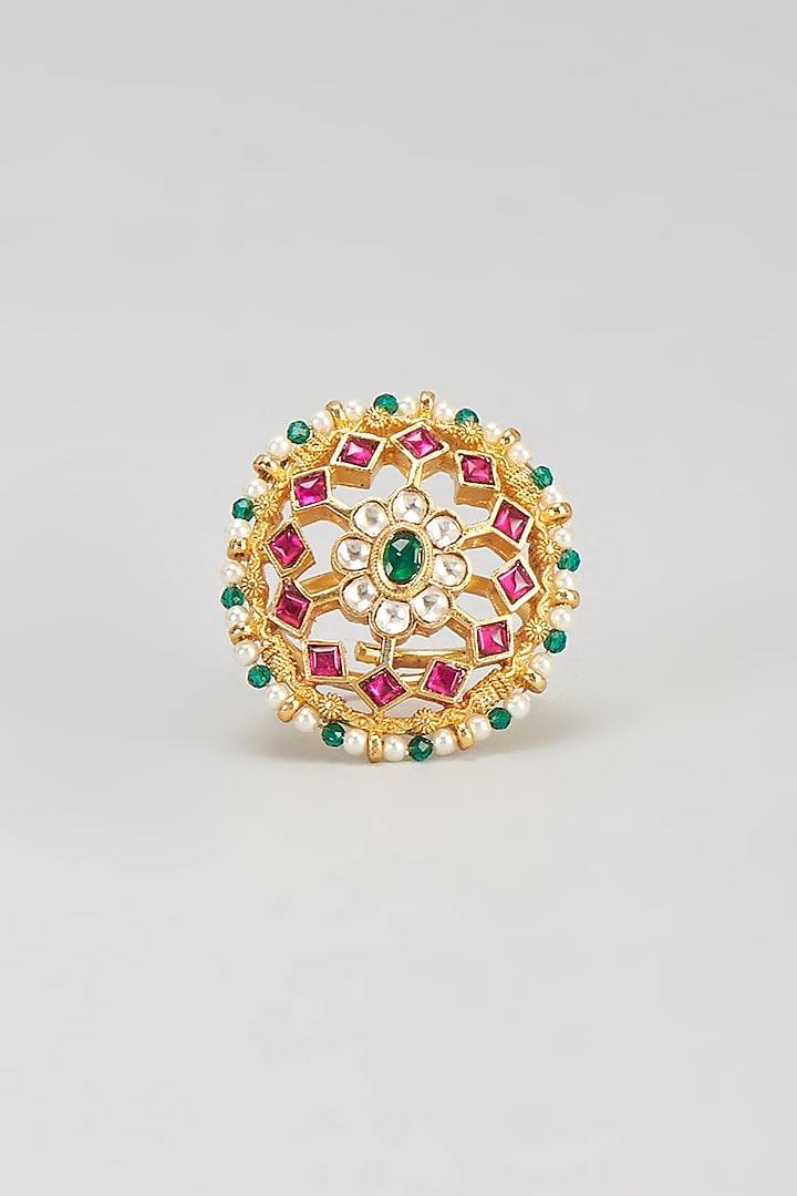 Gold Plated Kundan & Dark Green Beaded Ring by Bombay Polki at Pernia's Pop Up Shop