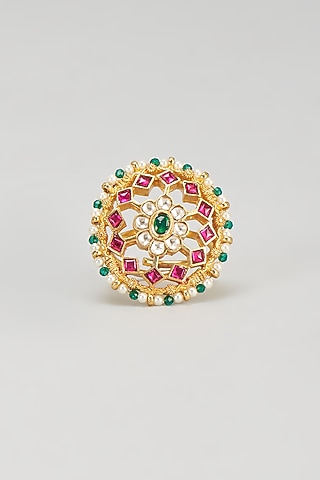 Gold Plated Kundan & Dark Green Beaded Ring by Bombay Polki
