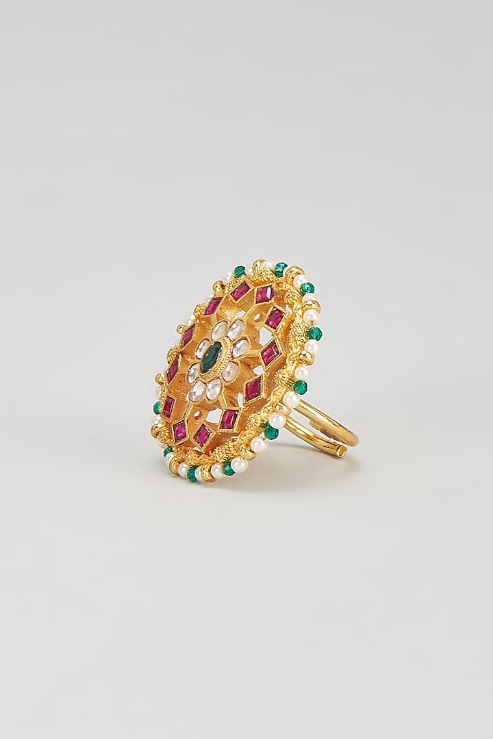Gold Plated Kundan & Dark Green Beaded Ring by Bombay Polki at Pernia's Pop Up Shop