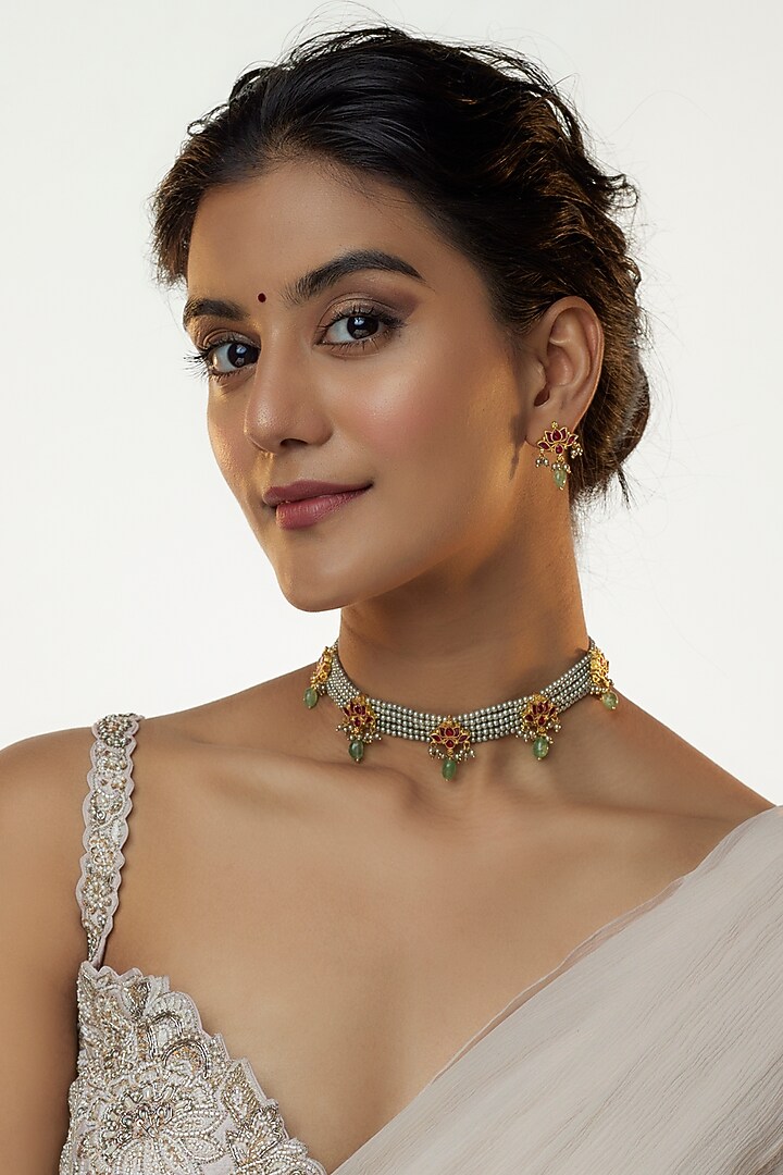 Gold Finish Kundan & Ruby Stone Choker Necklace Set by Bombay Polki at Pernia's Pop Up Shop