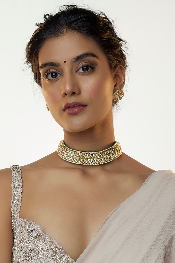 Gold Finish Kundan & Jadtar Stone Choker Necklace Set by Bombay Polki at Pernia's Pop Up Shop